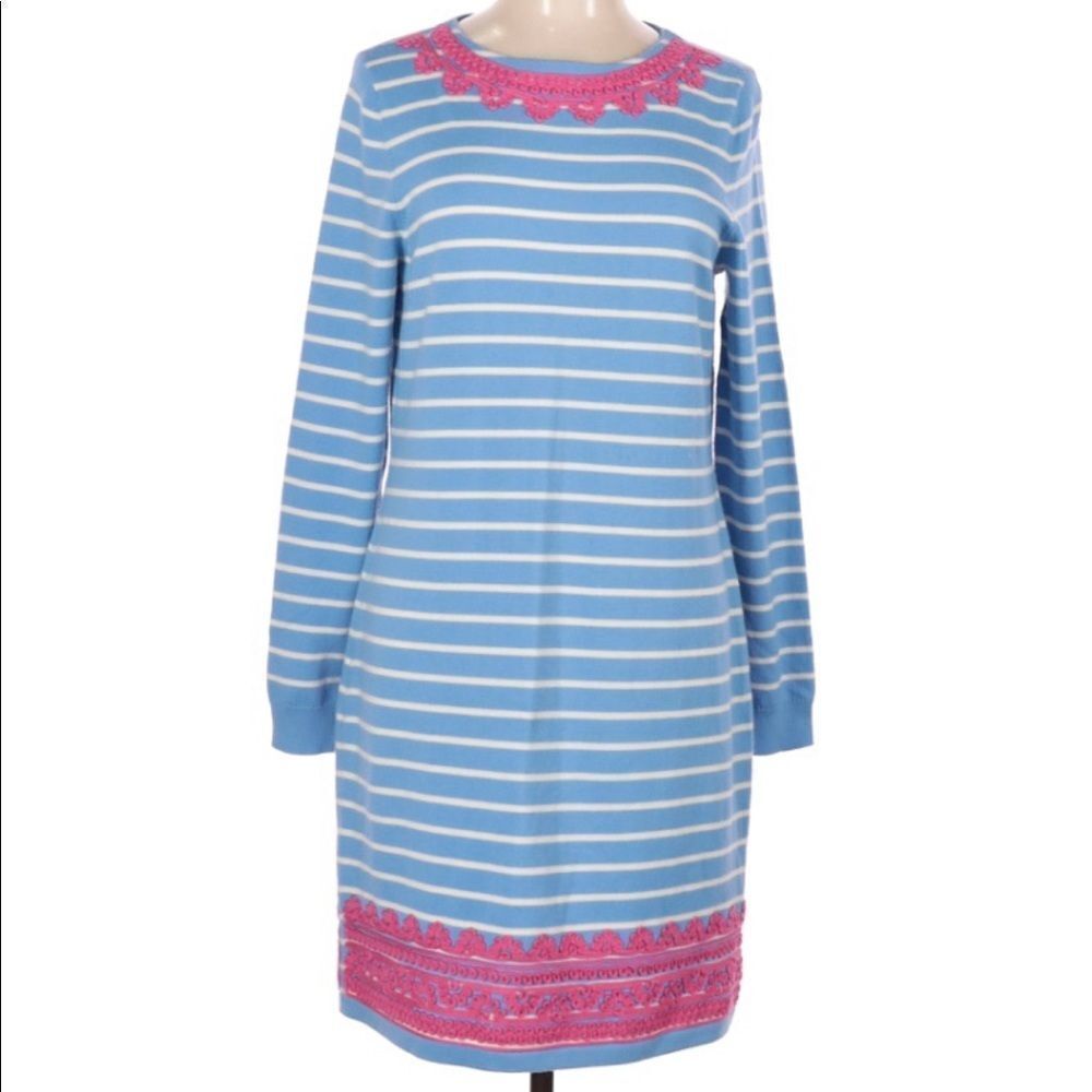 Vineyard Vines Wool‎ Dress Blue White Stripe Knit Pink Crochet Trim Peppy
